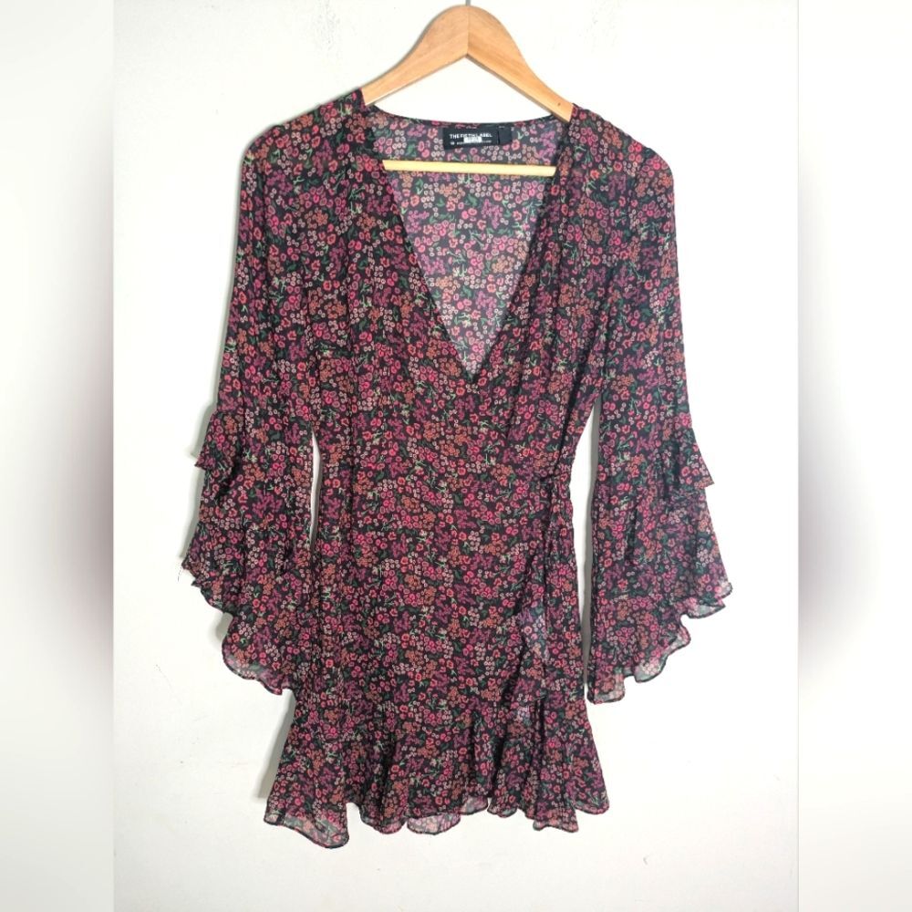 The Fifth Label Elective Dark Floral Black Pink Ruffle Mini Wrap Dress Size XS